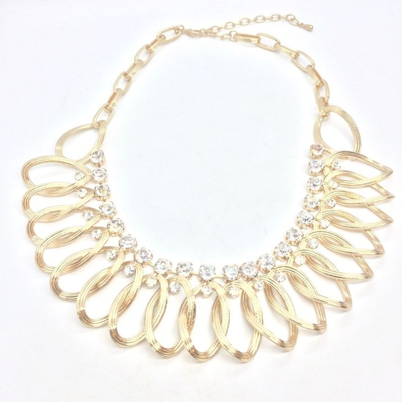 NATASHA RHINESTONE STATEMENT NECKLACE GOLD TONE BLING OVAL CHAIN LINKS - Picture 5 of 11